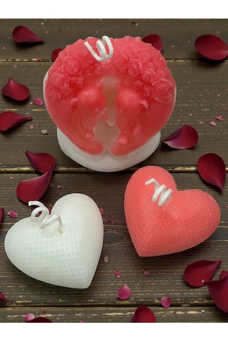 Romantik Kalp Mum Seti, 3'lü Dekoratif Mum, Sevgililer Günü Hediyesi Beyaz