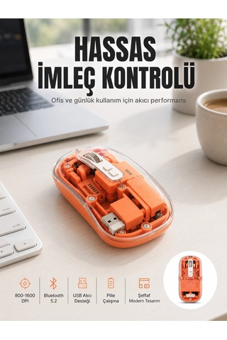 Bluetooth Ve Usb Destekli Kablosuz Şeffaf Mouse Sessiz Kullanım Yeni Nesil Najmaddin
