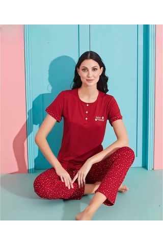 Pijamoni Kadın Viskoz Likralı Düğme Yaka Kaşkorse Patlı Kısa Kol Pijama Takımı 5520-3 / 1 Adet Kırmızı