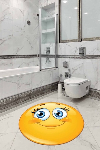 Sarı Smiley Banyo Halısı Klozet Yuvarlak Paspas Seti Bs297n11