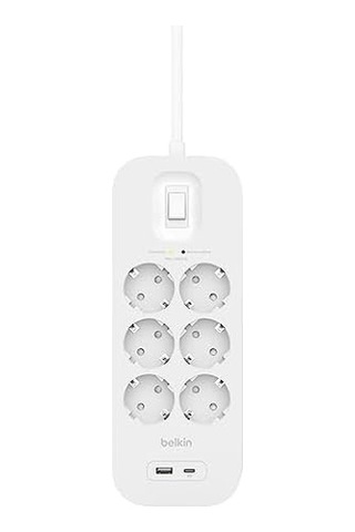 Belkin 6&apos Lı Çoklu Priz, Yüksek Gerilim Korumalı, Duvara Montaj, 6 Priz, 2 M Güç Kablosu, Yeşil Işıklı Gösterge, Hızlı Şarj İçin Usb-c Ve Usb-a Bağlantısı 650 Jul Koruma