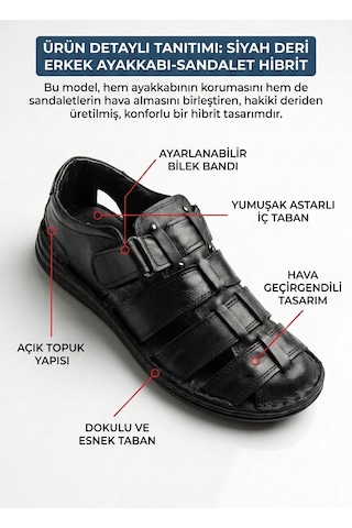 Budaks Erkek Siyah Hakiki Deri Sandalet Cırt Cırtlı Günlük Ayakkabı Konfor Burnu Kapalı Yazlık 011 Sıyah