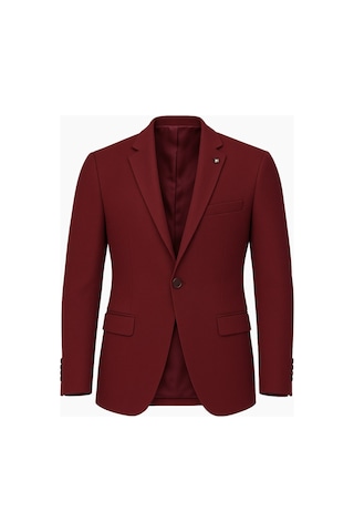 Plus Scorpion Bordo Erkek Tek Düğmeli Blazer Ceket Dokulu Kumaş, Çift Yırtmaçlı Şık Tasarım Bordo