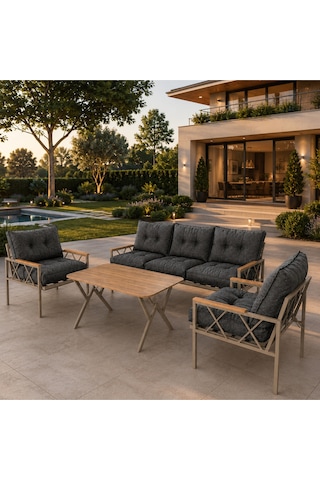 Miray Cappuccino 311 Masalı Bahçe & Balkon Oturma Grubu 3+1+1 Metal İskelet, Gri Minderli
