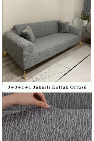 StartMall Jakarlı Çubuk Desen Koltuk Örtüsü 3+3+1+1 Takımı Lastikli Esnek Yıkanabilir Çekyat Kanepe Kılıfı Gri