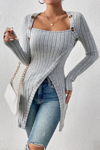 Moda Dua Kadın Gri Düğme Detaylı Kare Yaka Fitilli Asimetrik Etekli Uzun Kollu Bluz