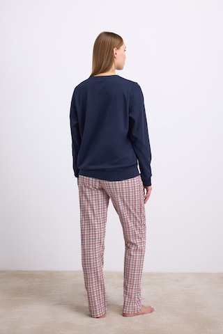 Man11585-1020 Anil Ev Giyim Anıl Kadın Uzun Kol Sweatshirt Ve Ekose Pantolon Pijama Takımı Rahat Ve Şık Ev Giyimi 11585 Lacivert