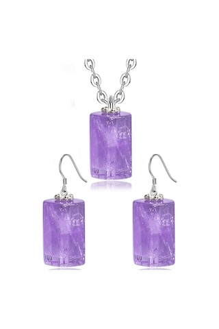 Sertifikalı Doğal Ametist Taşı Doğal Taş Kolye Küpe Seti Çok Renkli