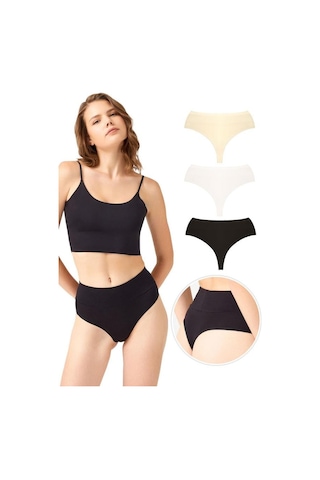 Pamuklu Yüksek Bel Toparlayıcı Kadın Tanga Külot 3'lü Paket Renkli-1 Çok Renkli
