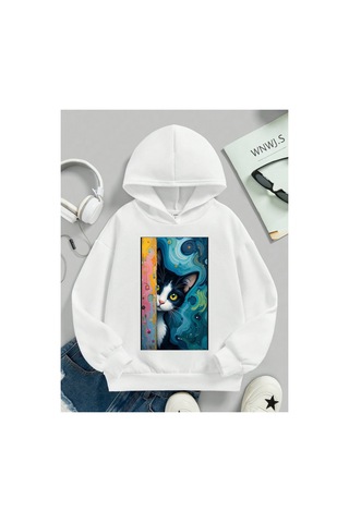 Stil X Sevimli Kediler Baskılı Kapüşonlu Çocuk Sweatshırt Beyaz-4
