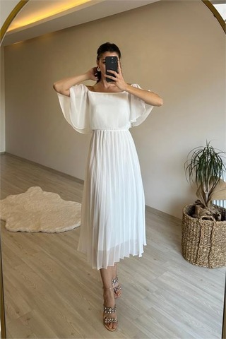 Neşeli Butik Kadın Omzu Açık Piliseli Midi Şifon Elbise Nm006 Beyaz