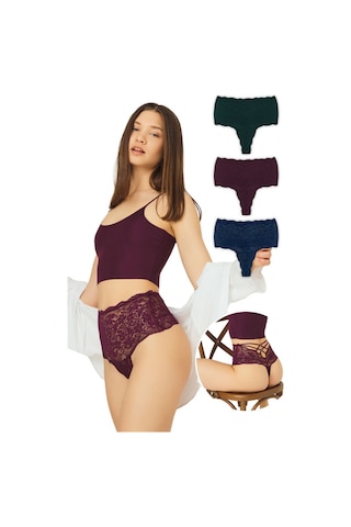 Cottonhill Dantelli Lastik Detaylı Yüksek Bel Kadın Tanga 3'lü Paket Külot - 2 Renkli1 Çok Renkli