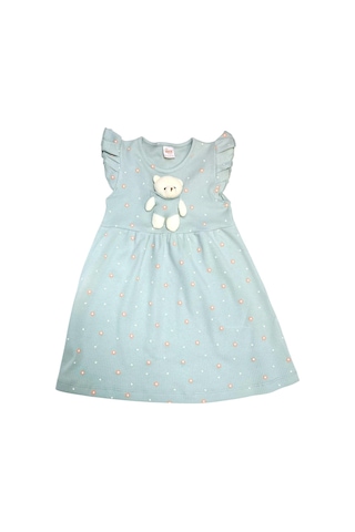 Ayıcık Aksesuarlı Çiçekli Kız Çocuk Yazlık Elbise Yeşil