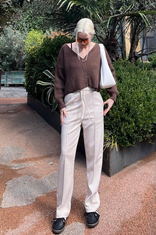 Madmext Bej Beli Ayarlanabilir Geniş Paça Pantolon Mg2215 Bej