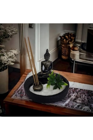 T. Concept Dekoratif Mini Zen Bahçesi, Buda Heykeli, Zen Felsefesi Ev Ofis Dekorasyonu Siyah Yuvarlak Metal Genel
