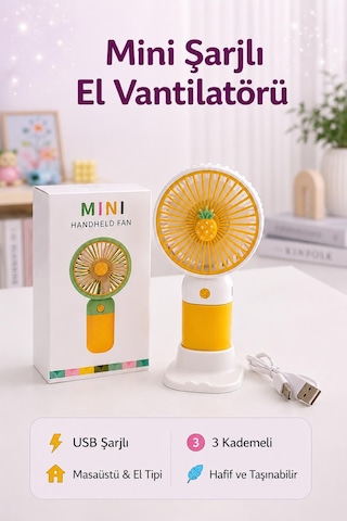 Mini Usb Şarjlı El Vantilatörü - Taşınabilir 3 Kademeli El Fanı 15 Cm