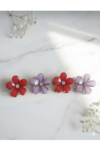 Çiçek Şeklinde Metal Toka, Metal Klipsli Renkli Çiçek Toka 4 Adet 2 Kırmızı - 2 Mor Kırmızı - Mor - Sarı