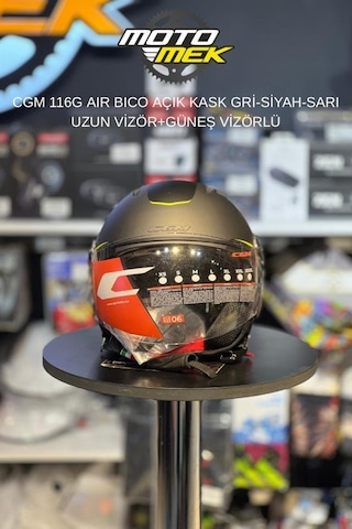 Motomek Cgm 116g Aır Bıco - Açık Kask Gri-siyah-sarı Uzun Vizör+güneş Vizörlü