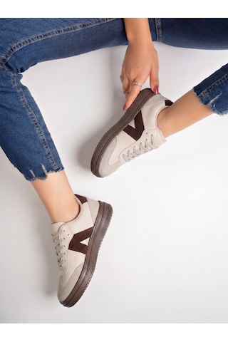 Kadın Sneaker Yüksek Taban Ortopedik Bağcıklı Spor Ayakkabı Retro Bej-011