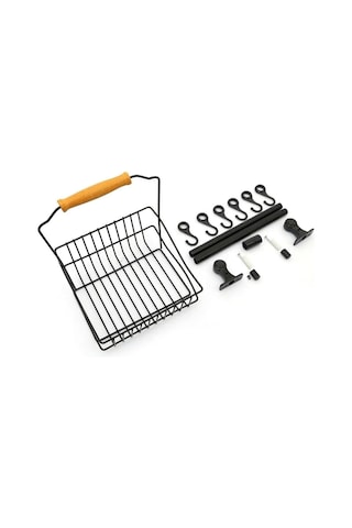 Ferforje Sepet - Duvar Rayı Askılık Mutfak Askısı Sepetli Ahşap Düzenleyici / Siyah