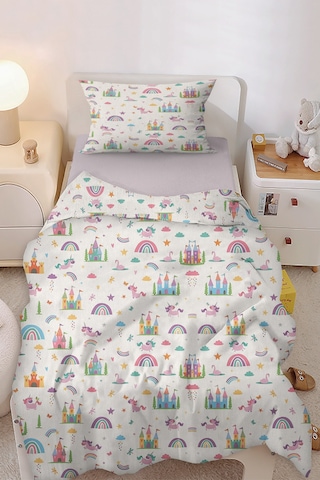 Hayal Şatosu Gökkuşağı Unicorn Tek Kişilik Çocuk Nevresim Seti Pembe