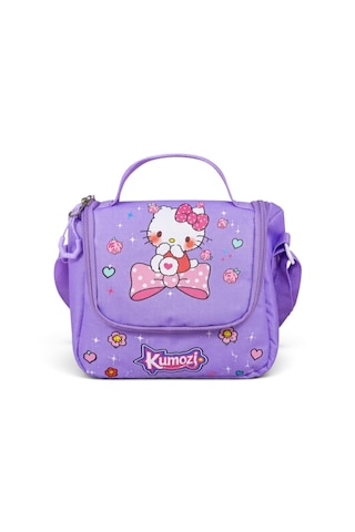 Hello Kitty Baskılı Özel Tasarım Ortopedik Su Geçirmez Cüzdanlı Okul Çantası Termal Beslenme Ve Kalemlik Seti Mor