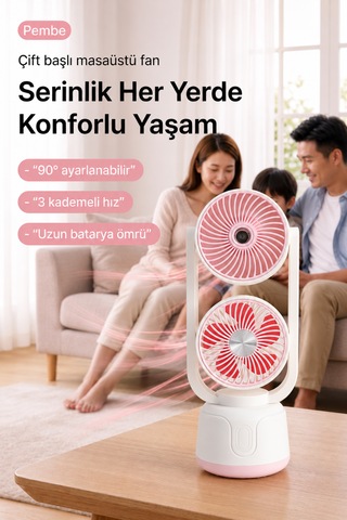 Şarjlı Çift Su Püskürtmeli 3 Kademeli Ayarlanabilir Masaüstü Fan Pembe