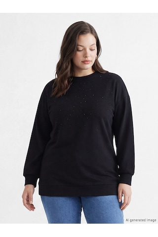 Lcw Modest Siyah Bisiklet Yaka Taşlı Kadın Sweatshirt Tunik