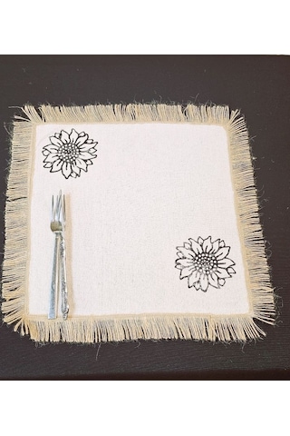 %100 Pamuklu Ham Keten Hasır Püsküllü Ayçiçek Taş Baskılı 6' Li Amerikan Servisi Supla Kare 42 Cm Naturel