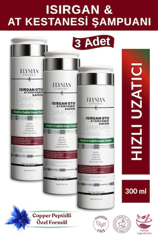 Elysian Essence Isırgan Otu & At Kestanesi & Kafein Şampuanı 3 Adet Copper Peptidli Hızlı Saç Uzatma Uzatan Etkili 300 Ml Tüm Saç Tipleri
