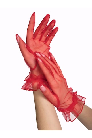 Erturkstore Kısa Boy Likralı Güpürlü Yetişkin Tül Eldiven Kırmızı Renk Renkli
