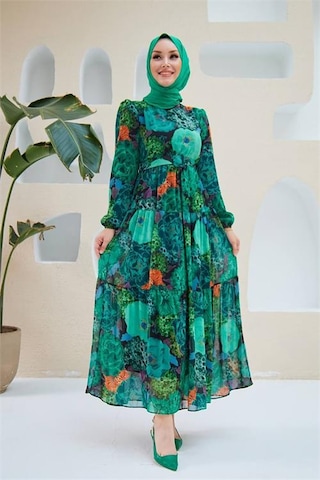 Neşeli Butik Kadın Yeşil Kemerli Tesettür Şifon Elbise Sms025 Yeşil