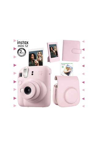 Fujifilm Instax Mini 12 Fotoğraf Makinesi + 10'lu Film + Çerçeve + Kare Albüm + Deri Kılıf Seti Pembe