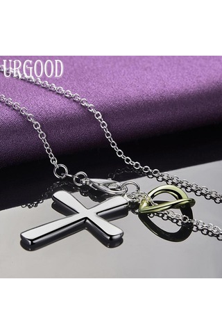 925 Ayar Gümüş Kalpli Haç Kolye Kolye Takı