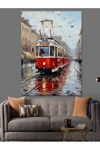 Kırmızı Tramvay Şehir İçi Dekoratif Kanvas - Mdf Ahşap Tablo
