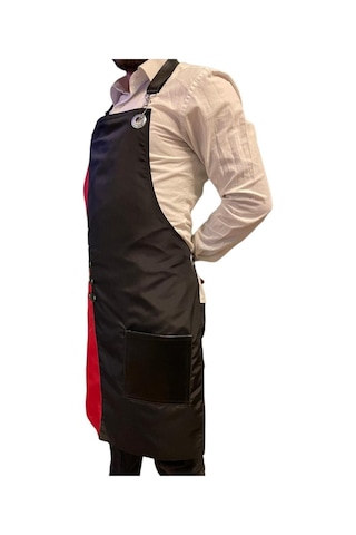 Çift Renkli Askılı Micropolyester Deri Cepli Önlük Cafe Chef Restoran Kuaför Önlük Modeli Kırmızısiyah