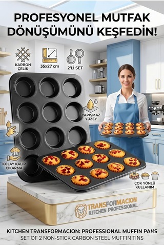 12'li Muffin Kalıbı, 2'li Set, Karbon Çelik, Yapışmaz Yüzey, 35x27 Cm, Cupcake Ve Kek Pişirme Tepsisi Çok Renkli