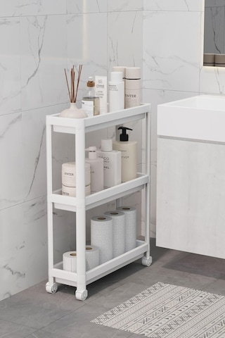Slim 3 Katlı Tekerlekli Raf Ünitesi - Dar Alanlar İçin Mutfak & Banyo Organizer - Baharatlık & Havluluk Düzenleyic Çok Renkli