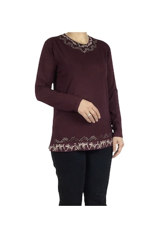 Kadın Yaka Ve Etek Desenli Taşlı Likralı Bluz-arpbattal2 Bordo