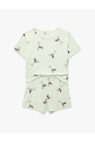 Koton Bisiklet Yaka Kısa Kollu Rahat Kesim Şortlu Pijama Takımı Yeşil 6slk40171mk