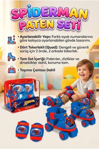 Örümcek Adam 4 Tekerlekli Quad Dizilimli Ayarlanabilir Çocuk Paten & Koruyucu Set