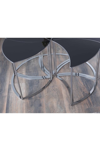 Premium Modern Yuvarlak Sehpa 6 Lı Takım 100 48 Cm Siyah Cam Bronz Ayaklı