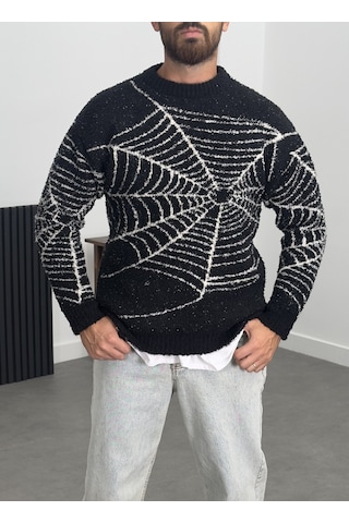 Örümcek Ağı Desenli Siyah Erkek Peluş Sweatshirt Coc1200 Siyah
