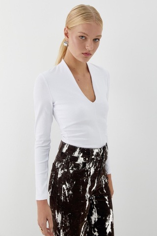 V Yaka Uzun Kollu Body Beyaz Beyaz