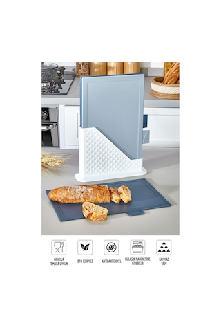 9'lu Mutfak Hazırlık Seti - Dik Standlı Kulplu Kesme Tahtası Karıştırma Kabı Süzgeç Limon Sıkacağı Mavi