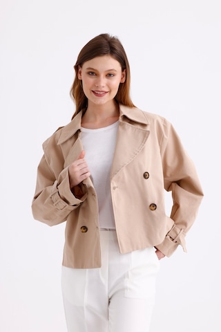 Pastelastore %100 Pamuk Gabardin Astarlı Oversize Geniş Kalıp Kadın Crop Kısa Trençkot 1122 Açık Bej