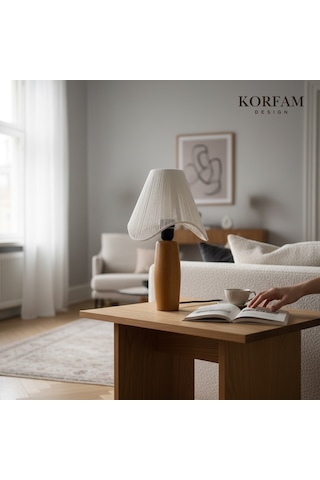 Wavy Abajur - Beyaz Hasır El Yapımı Bohem Asimetrik Şekilli Ahşap Ayaklı Rustik Abajur Çok Renkli