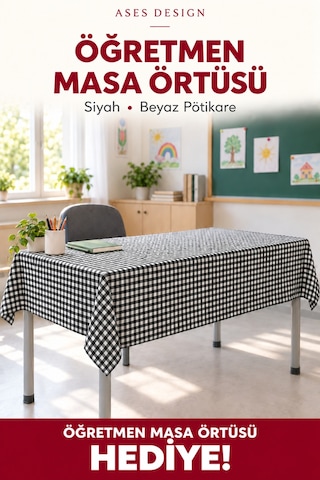 Siyah Beyaz 5'li Lastikli Sıra Örtüsü, 100x140 Cm Öğretmen Masa Örtüsü Hediye