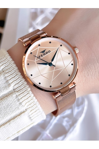 Ferro Hasır Kordonlu Rose Gold Kararmaz Renk Atmaz 3 Atm Özel Tasarım Kadın Kol Saati Bf40-087