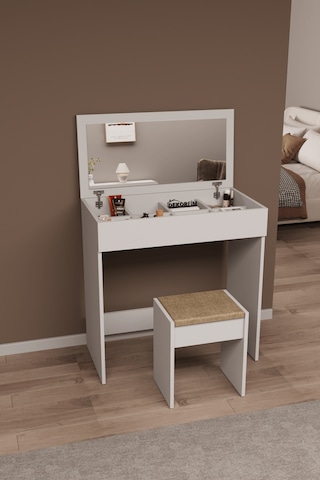 Df02113 Kapaklı Aynalı Bölmeli Puflu Makyaj Masası Beyaz